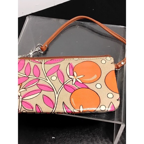 Fossil Key-Per Corner Zip Wristlet Wallet Multicolor Coated Canvas Brown Leather - Picture 2 of 3
